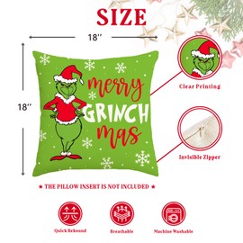Arsemica Funny Christmas Pillow Covers, 18x18 Grinchy Christmas Throw Pillow Covers, Novelty Grinchs Decor, Buffalo Xmas Cushion Cases, Farmhouse Holiday Decorations for Home Bed Couch Sofa