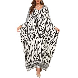 Orshoy Women's Kaftan Beach Dress Long Bikini Cover Up Maxi Cover Up Dress Loungewear Kimono Tunic Summer Dress Robe Maxi Dress, black white, One size fits all