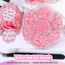 Kikonoke 420PCS Bow & Flower Nail Charms Kit with Half Pearls, 3D Acrylic Nail Gems Rhinestones, Pickup Tools for Nail Art Design, DIY Crafts, Valentine Gifts (Glitter Pink)