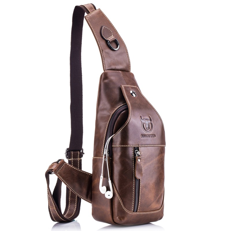Men Leather Sling Bag Casual Shoulder Chest Crossbody Bag Hiking