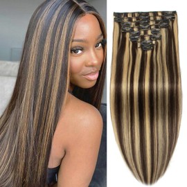 Human Hair Clip in Extensions Dark Brown and Balayage BlondeClip in Hair Extensions Real Human Hair 16inch/100g Straight Clip ins 100% Real Human Hair Extension for Women 8pcs Double Weft