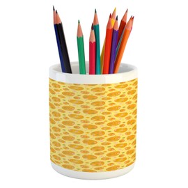 Ambesonne Easter Pencil Pen Holder, Cheerful Holiday Season Theme Orange with Cartoon Daisies and Circles, Printed Ceramic Pencil Pen Holder for Desk Office Accessory, Yellow Orange Green