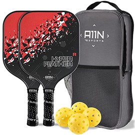 A11N HyperFeather R Pickleball Paddles Set of 2 for Beginners with 4 Outdoor Balls and 1 Backpack, Black/Red