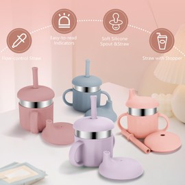 EsOfficce Baby Sippy Cups, 7.4 Oz 3 Stages Baby Training Cups, Straw Cup for Infants Toddlers 6-12 Month and Kids 1-3 Year, Stainless Steel Kid Cups with Silicone Straws, 4 Colors B