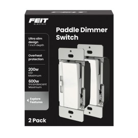 Feit Electric Paddle Dimmer Switch for Dimmable LED Light Bulbs, Single Pole or 3-Way Toggle Light Switch, Wall Plate and Wire Nut Installation Included, DIM/Paddle/2, 2 Pack