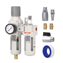 3/8" NPT Compressed Air Filter Regulator Lubricator Combo, Air Compressor Water Separator AC2010-02,5 Micron Brass Element Semi-Auto Drain,0-145 psi Gauge