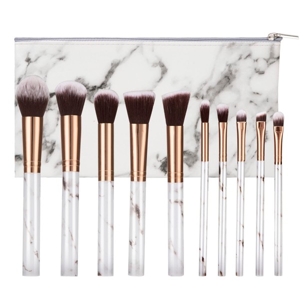 Makeup Brush Sets Professional Marble Brush Sets Portable Cosmetic Brush for Foundation, Eyeshadow, Blush, Concealer with Marble Cosmetic Bag Pack of 10 (White)