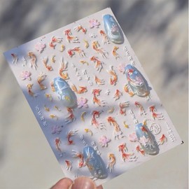 GlamRays Goldfish Nail Art Stickers Sparkling Koi Fish Nail Stickers 5D Relief Koi Lotus Leaf Chinese Style Manicure Decals Accessories Shell Light Goldfish