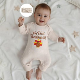 mlpeerw My First Thanksgiving Baby Girl Outfit Newborn Turkey Jumpsuit Romper Cute One Piece Onesie Infant Fall Clothes (My First Thanksgiving Apricot, Newborn)