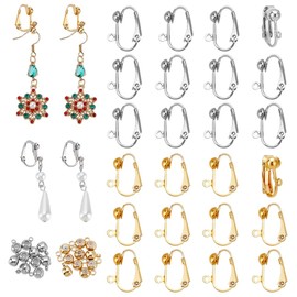 PH PandaHall 32PCS Clip-On Earring Converters, 2 Colors Adjustable Brass Earrincg Clips Findings with Loops and Brass Tube Bails for None Pierced Ears DIY Earring Jewelry Making, Platinum and Golden