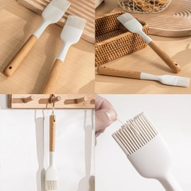 2 piezas cepillo de silicona para aceite con mango de madera, cepillo de repostería y untar duradero, fácil de limpiar, cepillos de silicona blancos para cocinar, hornear, asar