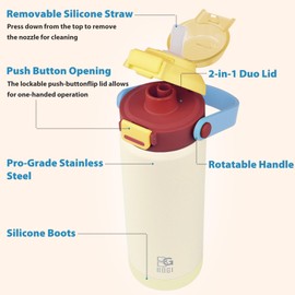 BOGI Insulated Water Bottles 18oz with 2 in 1 Duo Lid and Handle for Sports Travel Gym School, Double Wall Vacuum Stainless Steel Water Bottles 100% Leak Proof BPA-Free for Girls Boys | CreamWhite