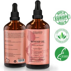 Rosehip Oil 100% Cold Pressed Pure Certified Organic Oil 100ml Best Known Facial Oil with Vitamin E, Vitamin C, B-carotene and a Form of Vitamin A