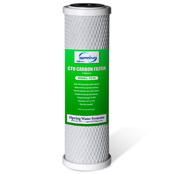 iSpring FC15 5 Micron 10" Replacement CTO Carbon Block Water Filter Cartridge for Under Sink Reverse Osmosis RO Filtration System,10" x 2-1/2", White