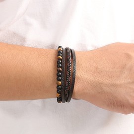 Stocking Stuffers Holiday Outfits for Women 2024 Leather Warp Bracelet for Men Mutli-layer Beaded Wrist Band Tiger Eye Braided Bracelet for Men Boys Gift (Brown)