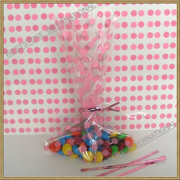 Weststone 100pcs 5"x8" Polka Dot Pink Gift Cello Bag + Color Matched Twist Ties for Cookie Candy Snack Wrapping Party Favor