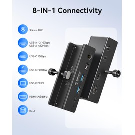 ORICO Clip Docking Station, 8-in-1 Clamp USB C Hub with 4K@60Hz HDMI, 100W PD, Gigabit Ethernet, 4xUSB Port, AUX, 10Gbps Clamp Docking Station for Laptop, MacBook, PC (Adapter Not Included)
