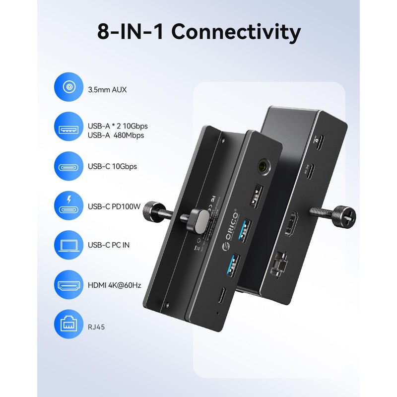 ORICO Clip Docking Station, 8-in-1 Clamp USB C Hub with