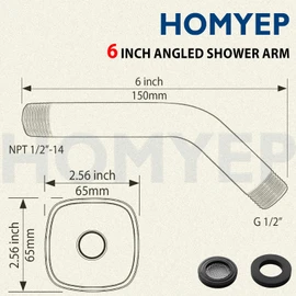 HOMYEP Matte Black Angled Shower Arm with Flange, Wall Mounted Shower Head Extension Arm, Male NPT 1/2 to Male G 1/2 Inch, 6 Inch