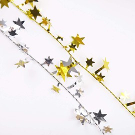 50FT Star Tinsel Garlands with Wire, Christmas Star Wire Garland Decorations for Xmas Tree Home Wedding Birtahday Party Festive Ornament, Golden and Silver, 2 Pack