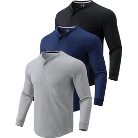3 Pack Mens Waffle Henley Thermal Long Sleeve Shirts, Casual Fitted Fall Shirts for Men (Set 6, XX-Large)
