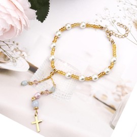 Natural Jade Cross Car Hanging Ornament,Handmade Glass Beaded Charm with Pearl,Car Hanging Accessories Sun Catcher for Cars Rear View Mirror,Universal Rear View Mirror Accessories (Gold)