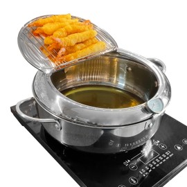 Saltlas Deep Fryer Pot (°F), 11"/4.4Qt (4.2 L) Extra Large Tempura Frying Pot with Lid, 304 Stainless Steel Fry Pot with Fahrenheit Thermometer and Oil Drip Drain Rack