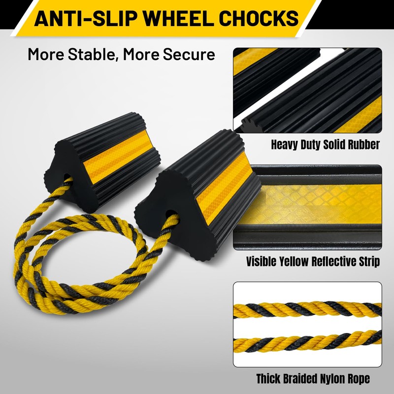 ROBLOCK Wheel Chocks (2pair/4pack with Rope) for RV Trailer Camper