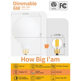 CRLight 6W Dimmable Edison LED Globe Light Bulb, 70W Equivalent 700LM 2700K Warm White, E26 Base Vintage G16.5 Clear Glass for Ceiling Fan Bathroom Vanity Chandelier Decorative, 6-Pack​