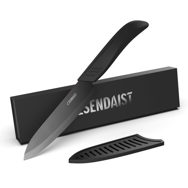 Sendaist Pro Series Ceramic knife , Ultra Sharp 6-inch Ceramic Chef's knife with Sheath Cover, Black Blade, and Soft Touch Ergonomic Black Handle (In Gift Box)