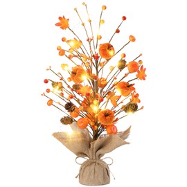Fall Tabletop Tree Decor 18”Artificial Fall Tree with Pinecones, Pumpkins Maple Leaves, Rustic Burlap Base for Home, Office Outdoor Autumn Decor