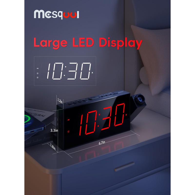 Mesqool Projection Alarm Clock, Loud Vibrating Alarm Clock for Heavy