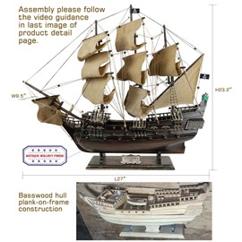 SAILINGSTORY Wooden Pirate Ship Model Black Pearl 27" Beige Sails