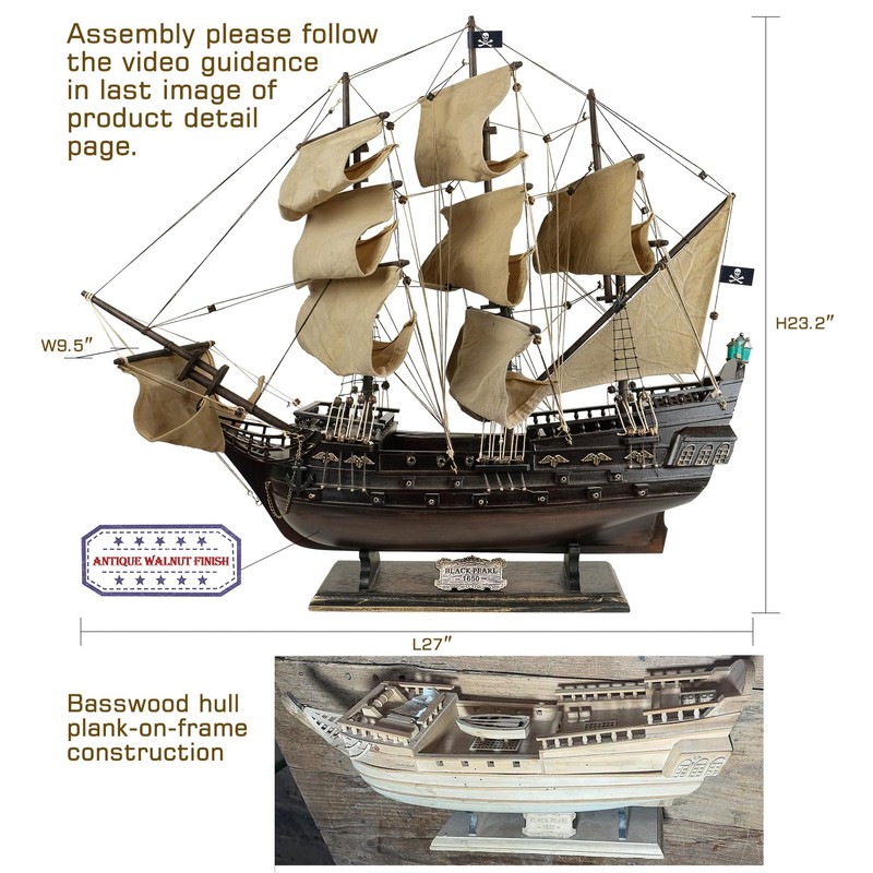 SAILINGSTORY Wooden Pirate Ship Model Black Pearl 27" Beige Sails