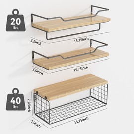 TACHWD Floating Shelves Wall Mounted,Wood Bathroom Shelf Over Toilet with Paper Storage Basket, Wall Decor Farmhouse Floating Shelf for Bedroom, Living Room, Kitchen,Office (Light Rustic)