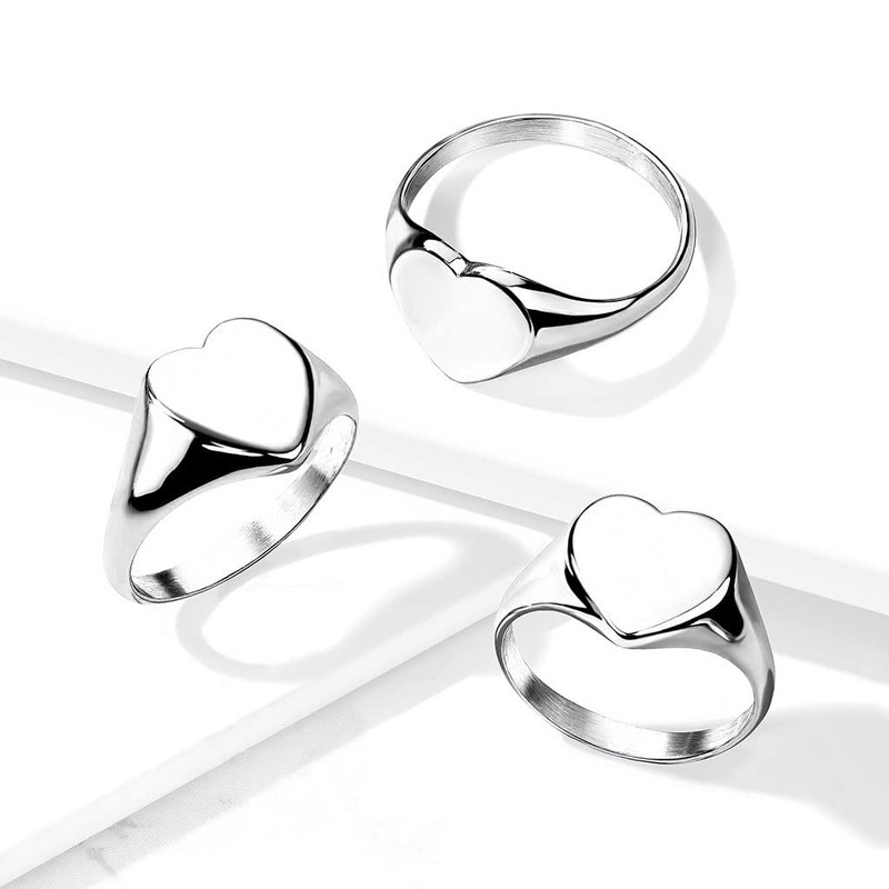 Bungsa® Women's Silver Signet Ring Flat Heart 316L Stainless Steel,