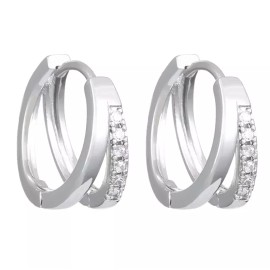 Women Girl Sterling Silver Plated Double Lines CZ Huggie Hoop Earrings 12mm PE64
