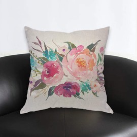 AOYEGO Watercolor Turquoise Pink Flowers Throw Pillow Cover Floral Plant Elegance Beautiful Botanical Leaves Ink Pillow Case 18x18 Inch Decorative Men Women Room Cushion Cover for Home Couch
