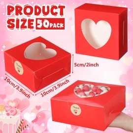 Janlaugh 50 Pcs Red Bakery Boxes for Women Mother with Window Heart Cupcake Treat Cookie Dessert Box Bulk Mom Gift for Chocolate Strawberries Donuts Candy Party Favor (4x4x2 Inch)