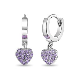 925 Sterling Silver Girls Small Hoop Purple Cubic Zirconia Romantic Heart Dangle Earrings, Formal and Casual Wear - Stylish Violet Huggie Hoop Earings Fits for Young girls & Pre Teens