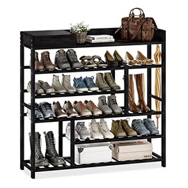 Bamworld Shoe Rack Organizer for Closet Shelf Entryway 6 Tier Bamboo Solid Wood for 24 Pair Boots with Storage Box (Black)