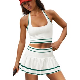 ReachMe Womens Two Piece Tennis Skirt Set 2 Piece Golf Outfits Halter Top and Mini Skorts Matching Workout Sets(White Green,S)