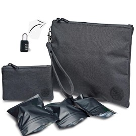 Stash Bros Smell Proof Bag - Mini & Large Smell Proof Container + 3 Smell Proof Baggies & Lock - Accessories with Activated Carbon lining (Blacked Out Logo)
