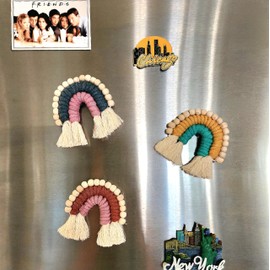 Macrame Rainbow Fridge Magnets/Natural Oil Diffuser with wooden beads for Aromatherapy, Boho Kitchen Décor Accessory, Chic Gift for Women (Sunshine & Clouds)