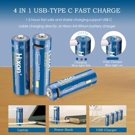 Hixon 1.5V USB Rechargeable Lithium Batteries AA Size,2550mWh Double AA Rechargeable Battery,Charges 1.5 Hours, Over 1500 Cycles, 4-in-1 USB-A to USB-C Charging Cable, LED Charge Indicator(8-Pack AA)