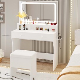 LIKIMIO Vanity Desk with LED Lighted Mirror & Power Outlet & 4 Drawers, Makeup Table Set with Storage Stool and Hair Dryer Stand, White