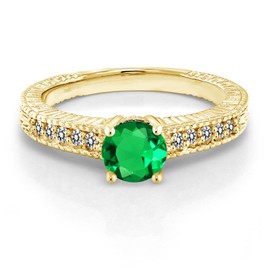 Gem Stone King 0.94 Ct Green Simulated Emerald White Diamond 18K Yellow Gold Plated Silver Engagement Ring (Size 5)
