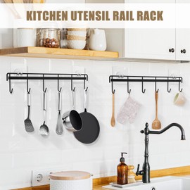 HOMEBROS Kitchen Utensil Hanger, Adhesive Utensil Holder Wall Mount Kitchen Rack Rail with 12 Hooks, Space Saving and No Drilling, Black, 2 Pcs