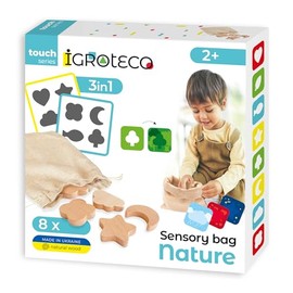 Igroteco® Sensory Bag Natural Wooden | Educational Game for Children | 6 Game Variants | Development of Fine Motor Skills, Colours & Shapes | Includes 8 Double-Sided Cards & Linen Bag | From 2 Years