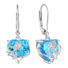 YL Pendientes Rosa Corazón Plata de Ley 925 with 12 Pieces of Nacimiento Circonita Mariposa Pendientes para Mujer Mamá, Silver, Aquamarine